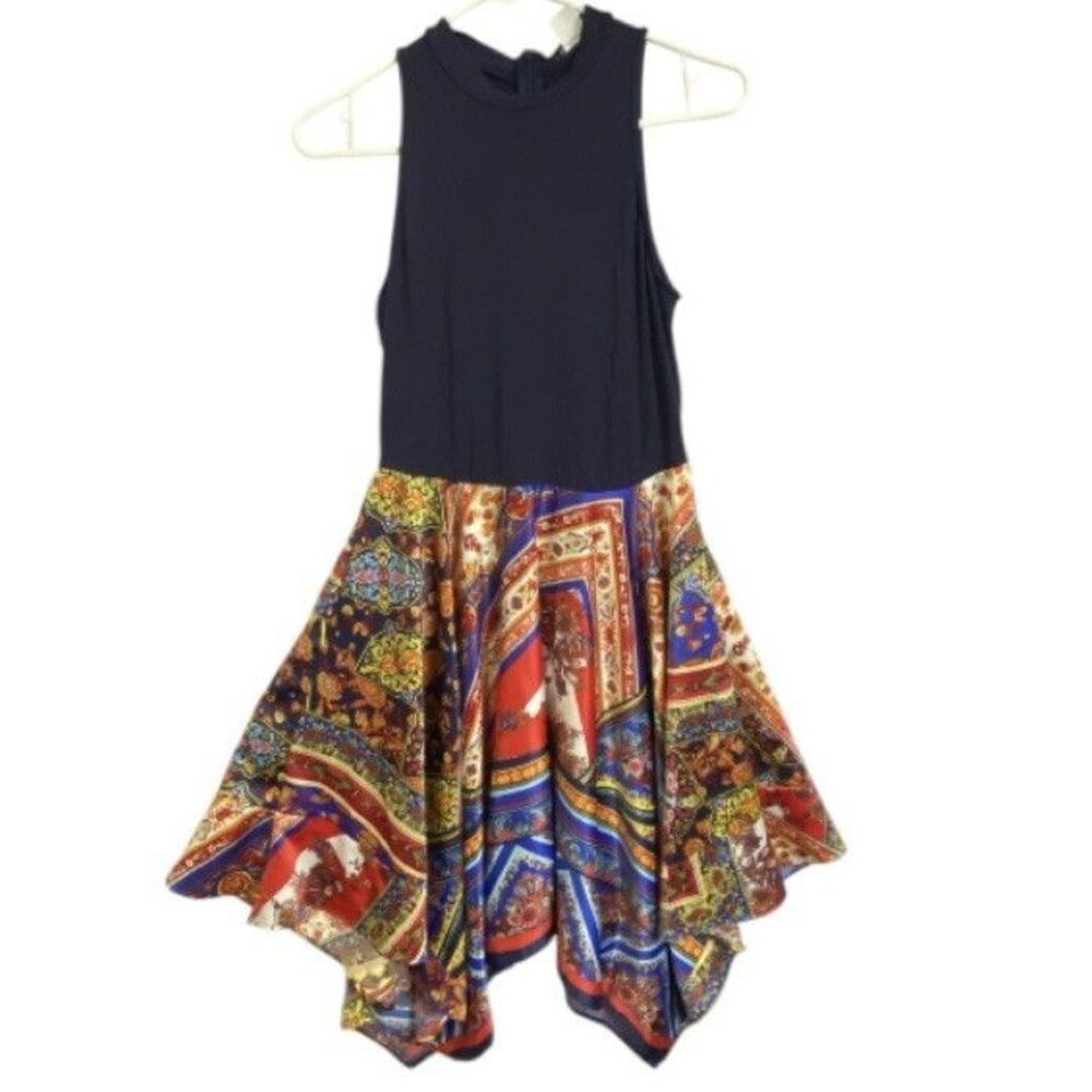 Venus Mixed Media Handkerchief Hem Sleeveless Knee Length Paisley Dress Size M